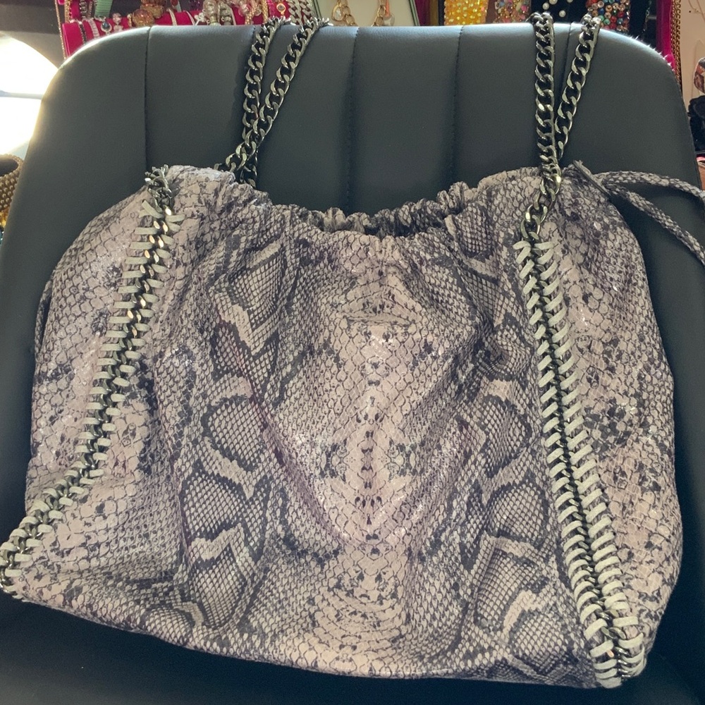 Python-Print Chain-Trim Shoulder Bag in Gray